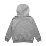 A grey hoodie with a hood, featuring long sleeves and a simple back design. It includes a branding logo.