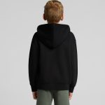 A black youth hoodie with a hood, viewed from the back, featuring a logo on the sleeve.