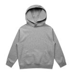 A grey hoodie with a front pocket and a hood, featuring a logo on the front.