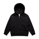 A black zip hoodie for kids with a hood and front pockets, featuring a logo on the label.