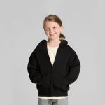 A black zip hooded jumper designed for kids, featuring a relaxed fit and front pockets.