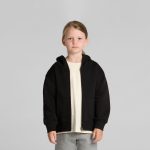 A black zip-up hoodie for kids with a relaxed fit, featuring a large hood and a front zip closure.