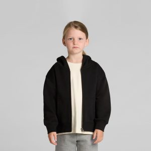 A black zip-up hoodie for kids with a relaxed fit, featuring a large hood and a front zip closure.