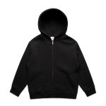 A black zip-up hoodie with a hood and front pockets, featuring a logo on the label.