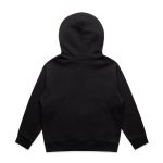A black zip hoodie with a hood and long sleeves, featuring a simple design and a logo.