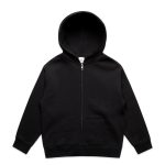 A black zip-up hoodie with a hood and front pockets, featuring a logo on the label.