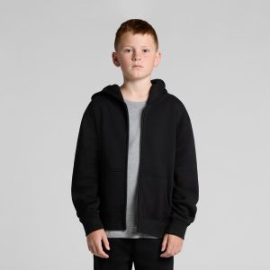 A youth zip hoodie in black, featuring a front zip, hood, and side pockets, styled with a grey t-shirt underneath.