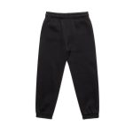 Black youth track pants with an elastic waistband and cuffs, featuring a simple design and a logo.