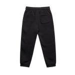 Black youth track pants featuring an elastic waistband and a back pocket. The design includes a logo.