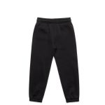 Black track pants with an elasticated waistband and tapered cuffs, featuring a logo.