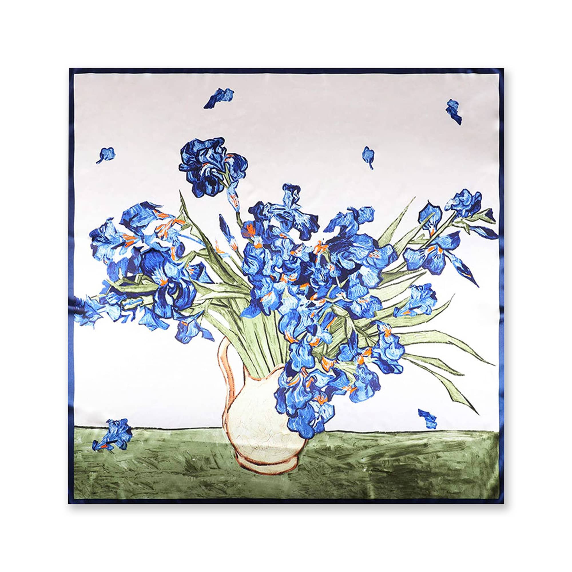 A silk satin scarf featuring a floral design with vibrant blue irises in a vase against a light background. Silk Satin Scarf - Image 1