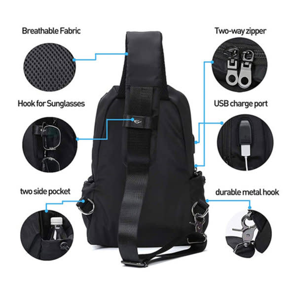 A black Sling Crossbody Shoulder Bag features breathable fabric, a USB charge port, and multiple pockets. It includes a hook for sunglasses. A black Sling Crossbody Shoulder Bag features breathable fabric, a USB charge port, and multiple pockets. It includes a hook for sunglasses.