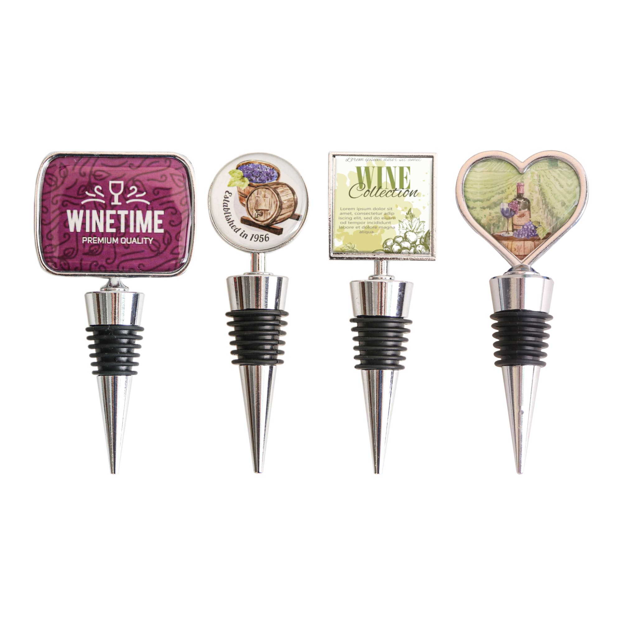 A set of four wine stoppers featuring various designs and colours, with metallic and rubber elements. Wine Stopper - Image 1