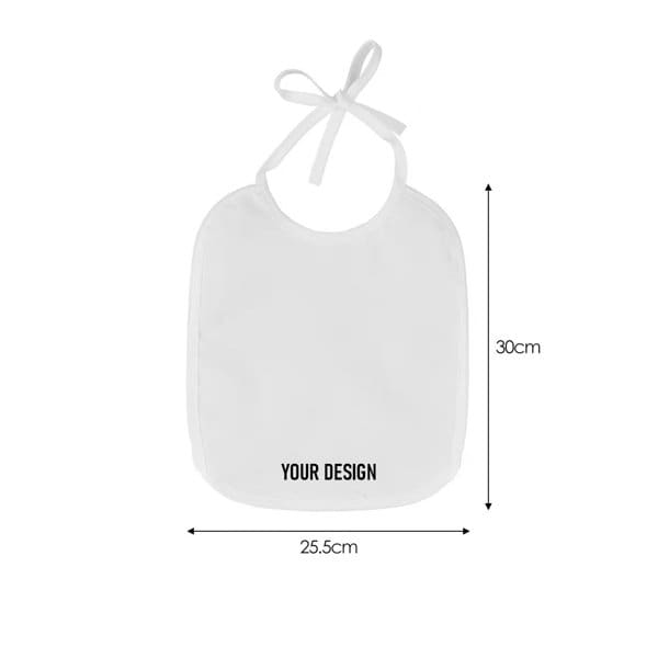 A white baby bib with a tie at the top, featuring dimensions and a space for custom designs. A white baby bib with a tie at the top, featuring dimensions and a space for custom designs.