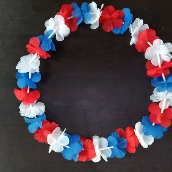 A circular Hawaiian lei featuring red, white, and blue flower petals, strung together for decoration. A circular Hawaiian lei featuring red, white, and blue flower petals, strung together for decoration.