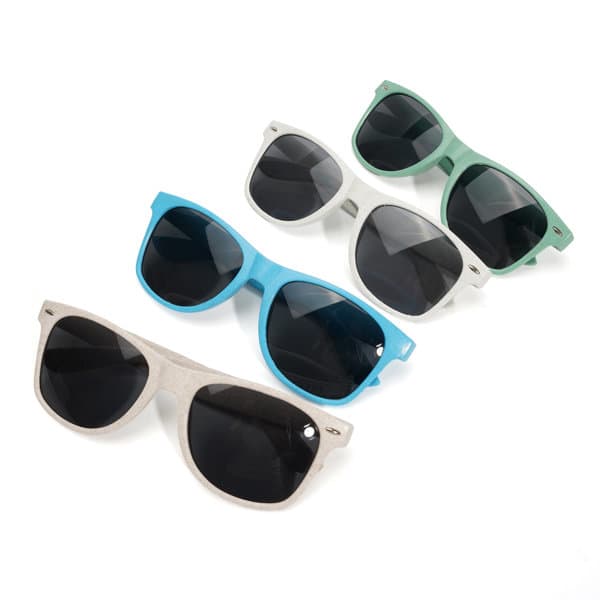 Four pairs of sunglasses in grey, turquoise, blue, and green, all featuring dark lenses and a branding logo. Four pairs of sunglasses in grey, turquoise, blue, and green, all featuring dark lenses and a branding logo.
