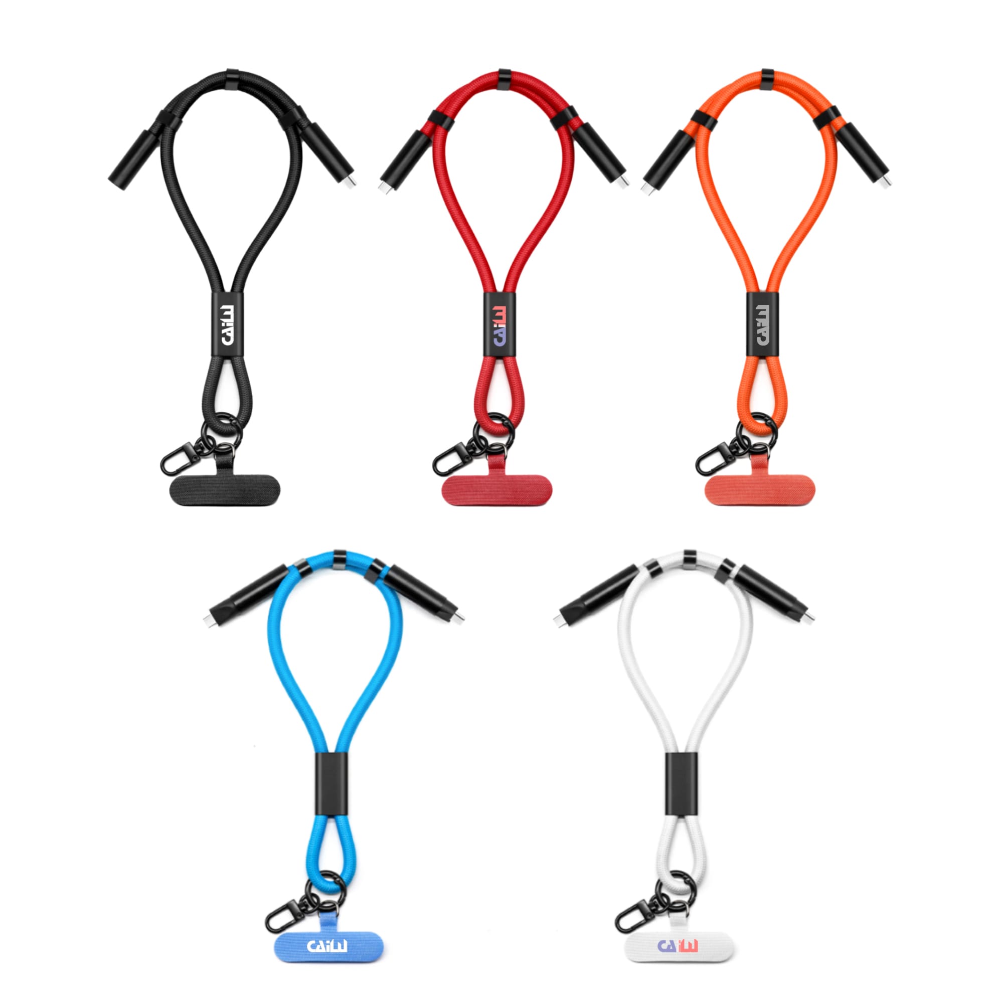 A collection of five phone charging straps in black, red, orange, blue, and white, each with a logo. 60W Charging Phone Strap - Image 1
