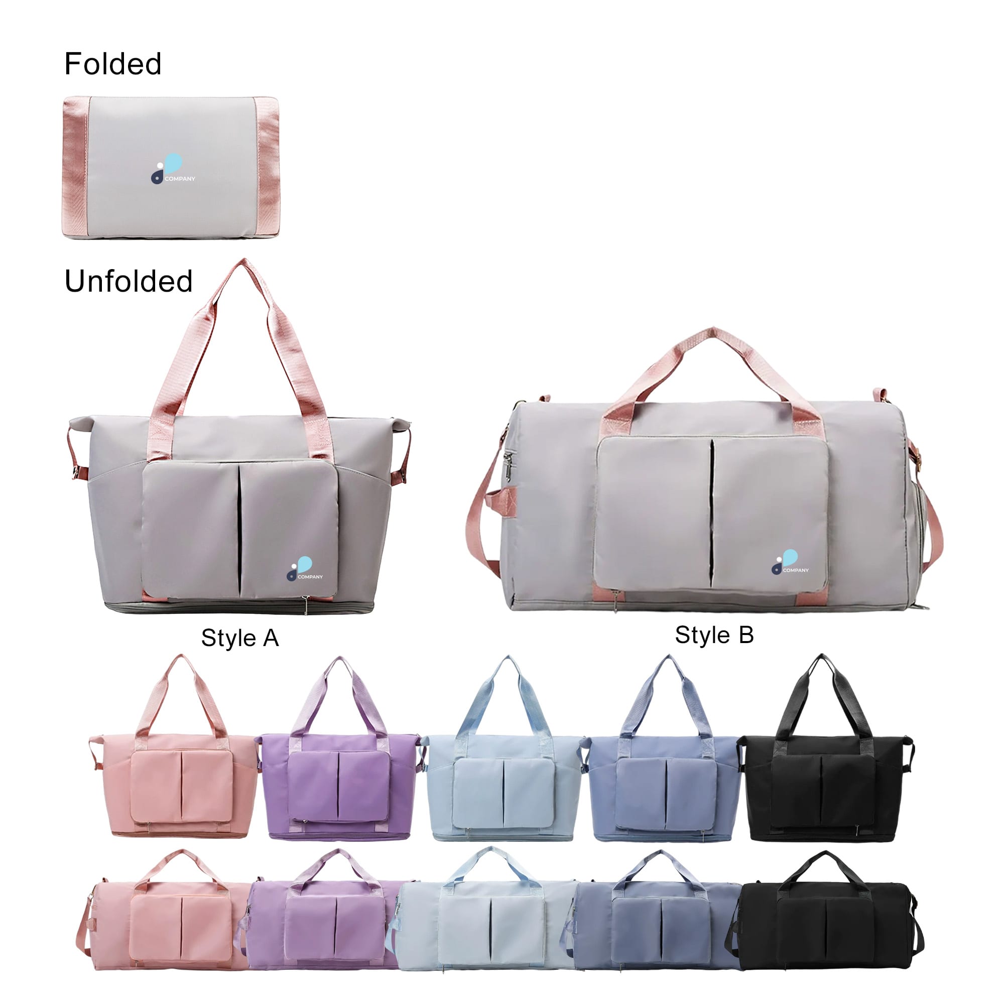A foldable sports duffle bag in various colours, featuring handles and a logo, displayed in both folded and unfolded states. Foldable Sports Duffle Bag - Image 1