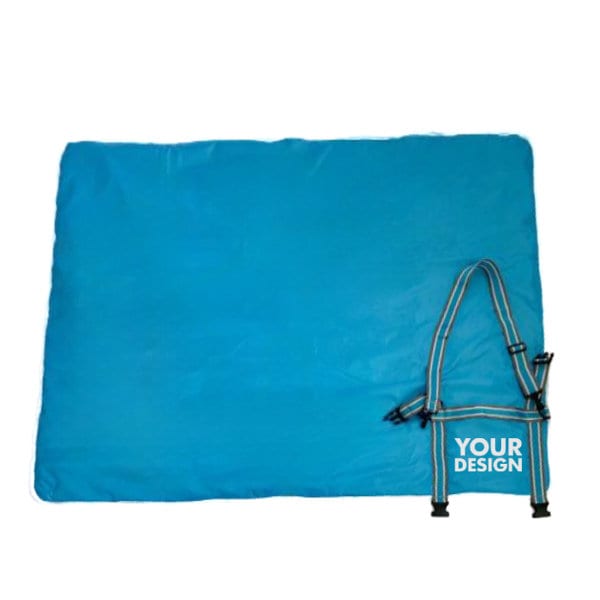 A bright blue picnic blanket with a carry strap, featuring space for custom design and a logo. A bright blue picnic blanket with a carry strap, featuring space for custom design and a logo.