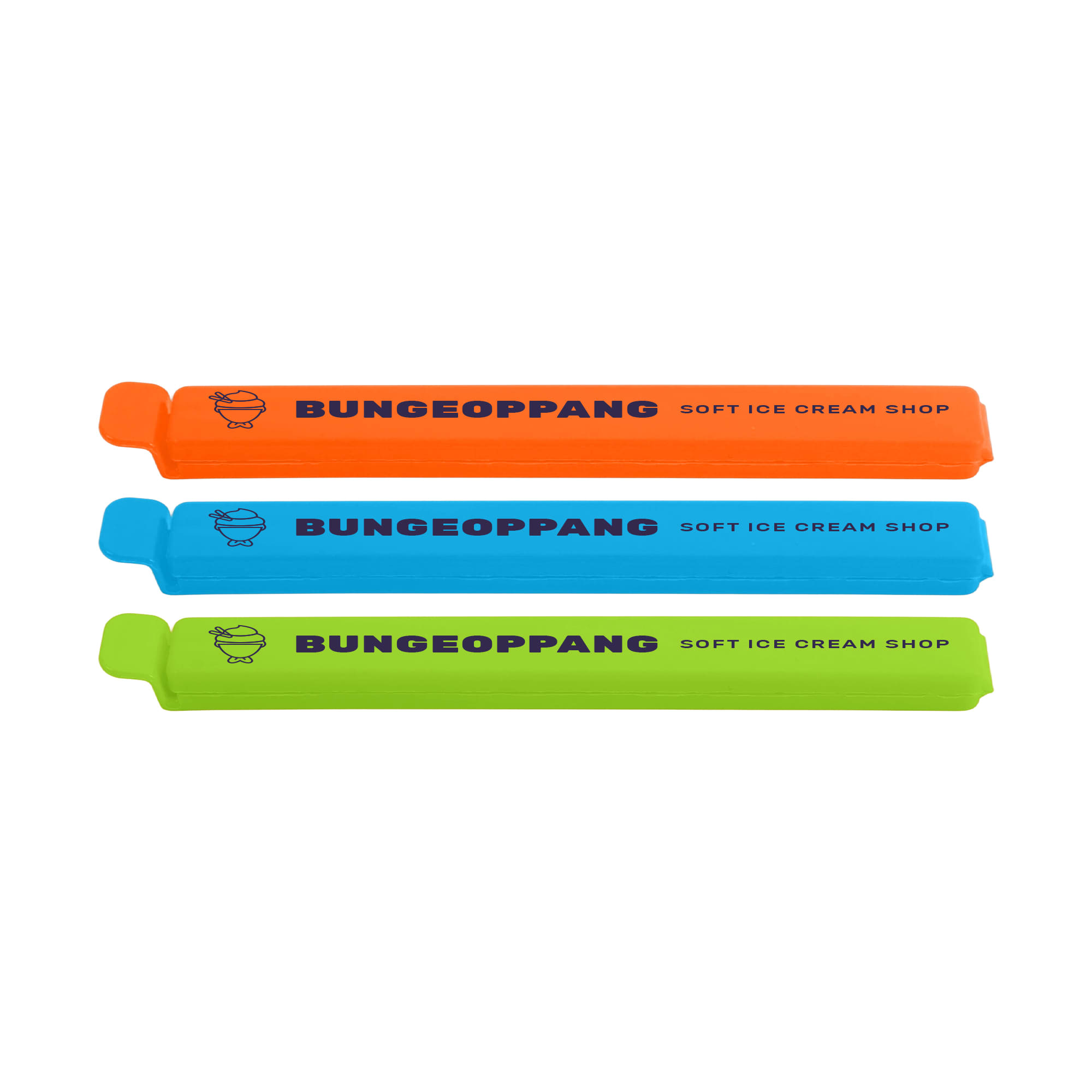 Three food bag seal clips in orange, blue, and green, featuring a logo and text. Large Food Bag Seal Clip - Image 1