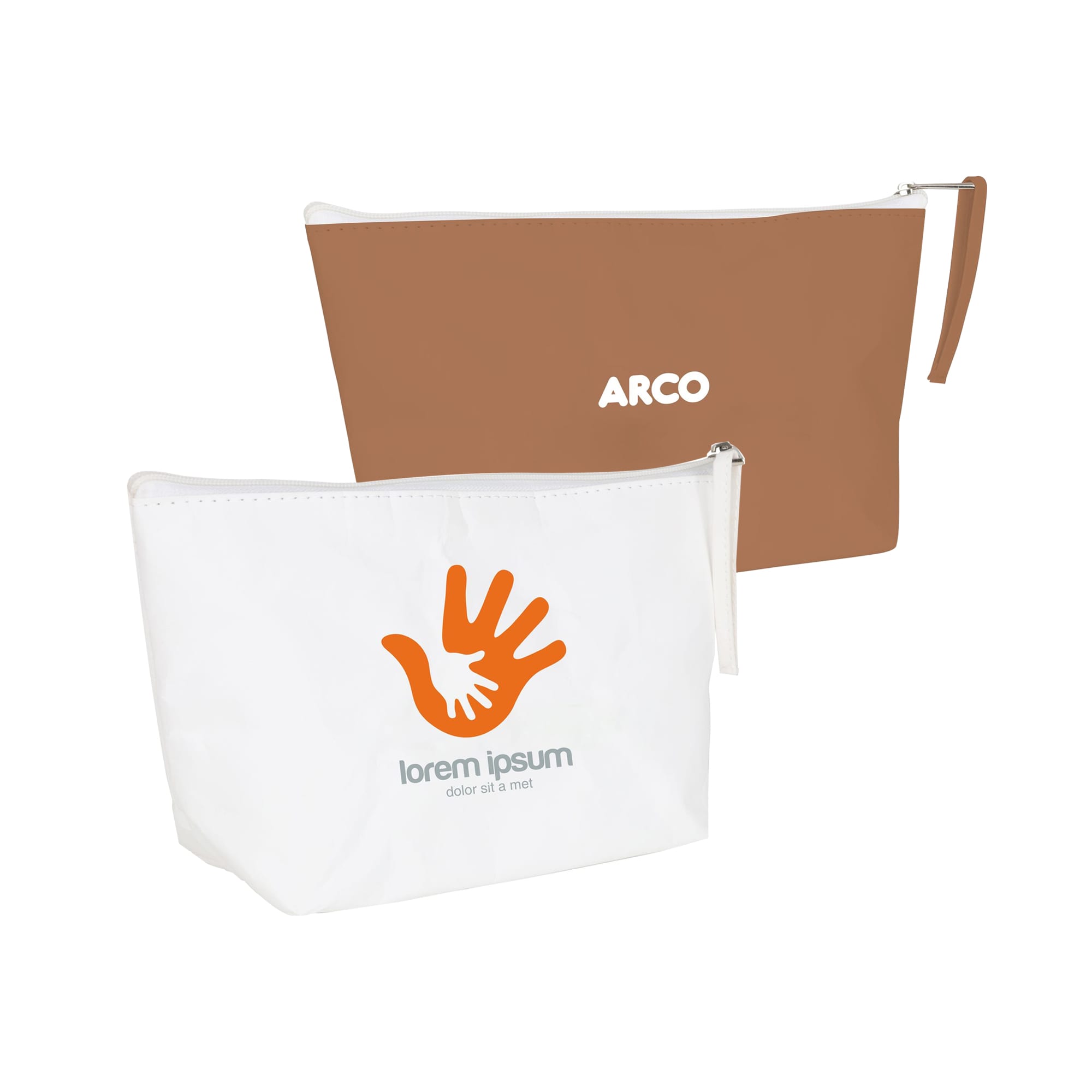 A brown and white washable kraft paper cosmetic bag with zip closures and branding. Washable Kraft Paper Cosmetic Bag(290x160x90mm) - Image 1