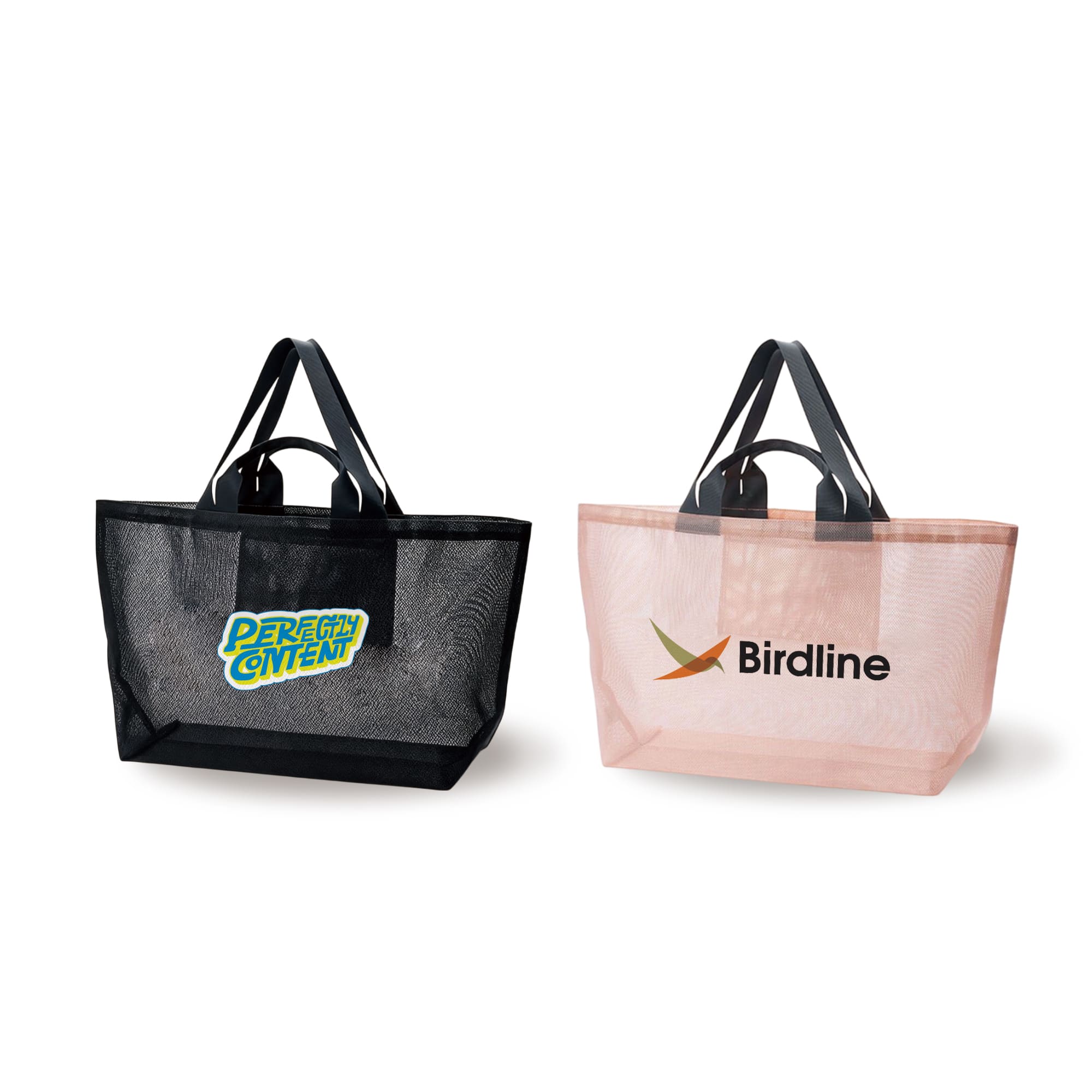 Two large mesh tote bags are displayed; one in black with a logo and the other in pink with a different logo. Premium Large Mesh Beach Tote Bag - Image 1