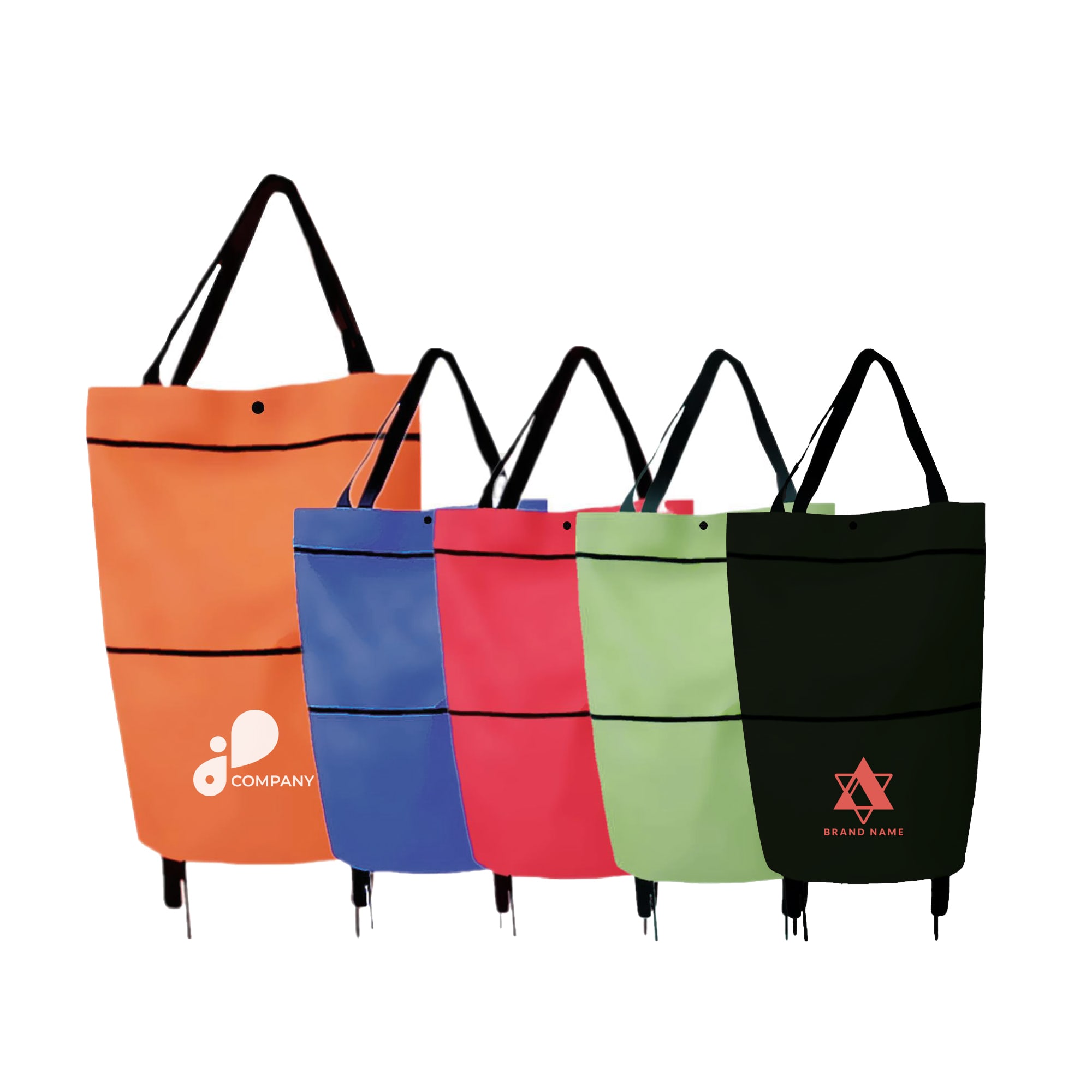 A set of five collapsible shopping trolley bags in orange, pink, blue, green, and black, each with a logo. 2 in 1 Collapsible Shopping Trolley Bag - Image 1