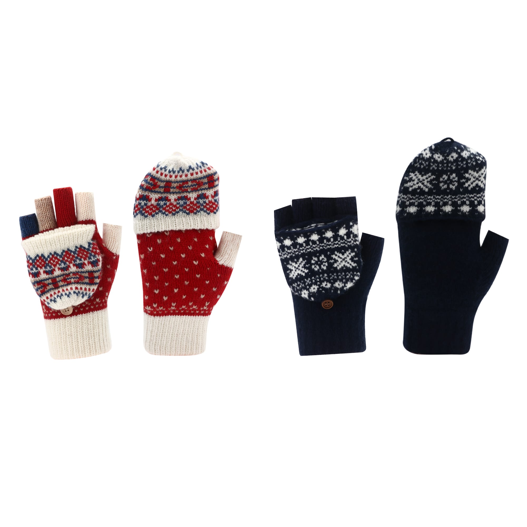 Adults' jacquard fingerless gloves in red and navy with festive patterns, featuring flip covers and a logo. Adults Jacquard Fingerless Gloves with Flip Cover - Image 1