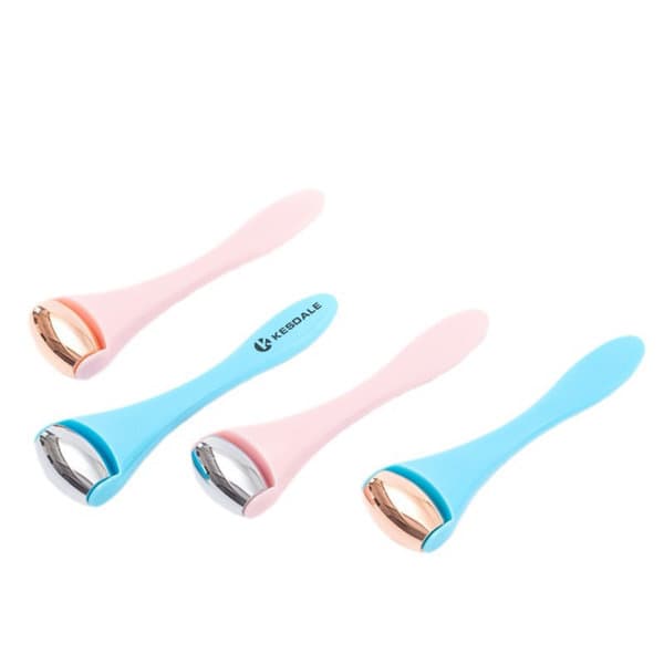 A set of four facial plastic massage sticks in pink and blue, featuring a metallic roller at the end of each stick. A set of four facial plastic massage sticks in pink and blue, featuring a metallic roller at the end of each stick.