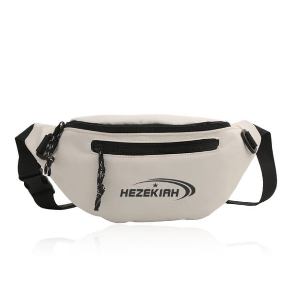 A white men's sports waist bag with a black zipper and branding logo on the front. A white men's sports waist bag with a black zipper and branding logo on the front.