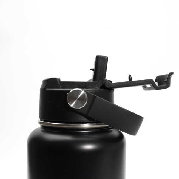 A drink bottle with a black stainless steel body and a handle, featuring a lid with a spout and lever mechanism. A drink bottle with a black stainless steel body and a handle, featuring a lid with a spout and lever mechanism.