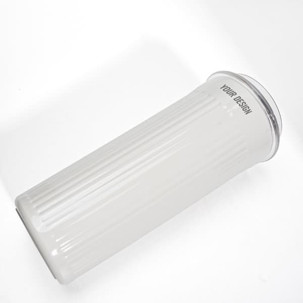 A drink bottle in white, featuring a ribbed design and a transparent lid, with a placeholder for custom designs. A drink bottle in white, featuring a ribbed design and a transparent lid, with a placeholder for custom designs.