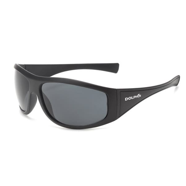 Sports cycling sunglasses in black with dark lenses, featuring a simple design and a logo on the side. Sports cycling sunglasses in black with dark lenses, featuring a simple design and a logo on the side.
