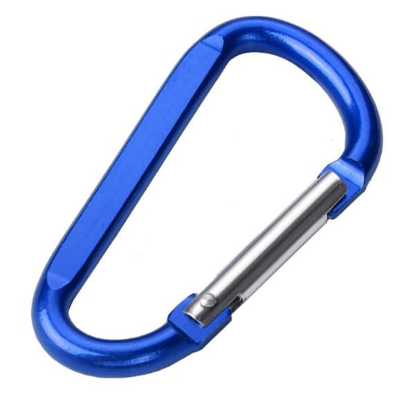 A blue D-shaped metal carabiner with a silver locking mechanism, featuring a simple design and a branded logo. A blue D-shaped metal carabiner with a silver locking mechanism, featuring a simple design and a branded logo.