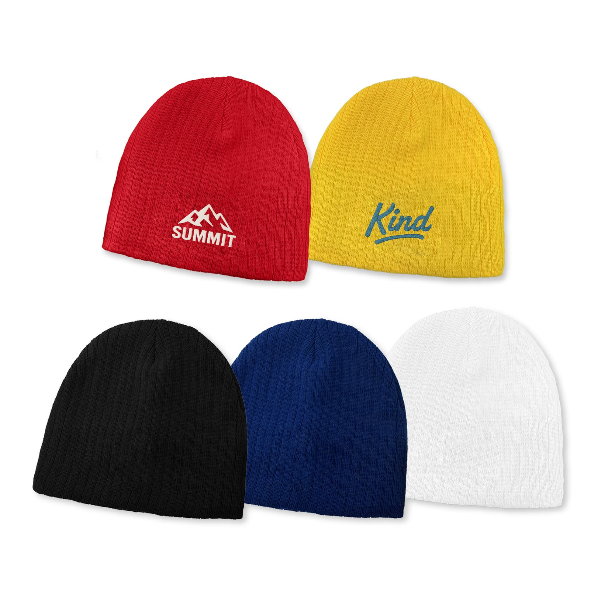 A collection of cable knit beanies in red, yellow, black, blue, and white, featuring different logos. Cable Knit Beanie - Image 1