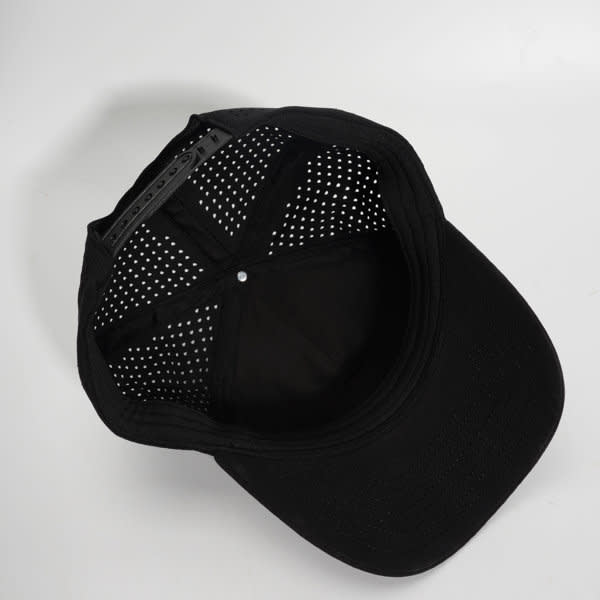 A black custom trucker hat featuring a mesh design on the underside with a logo present. A black custom trucker hat featuring a mesh design on the underside with a logo present.