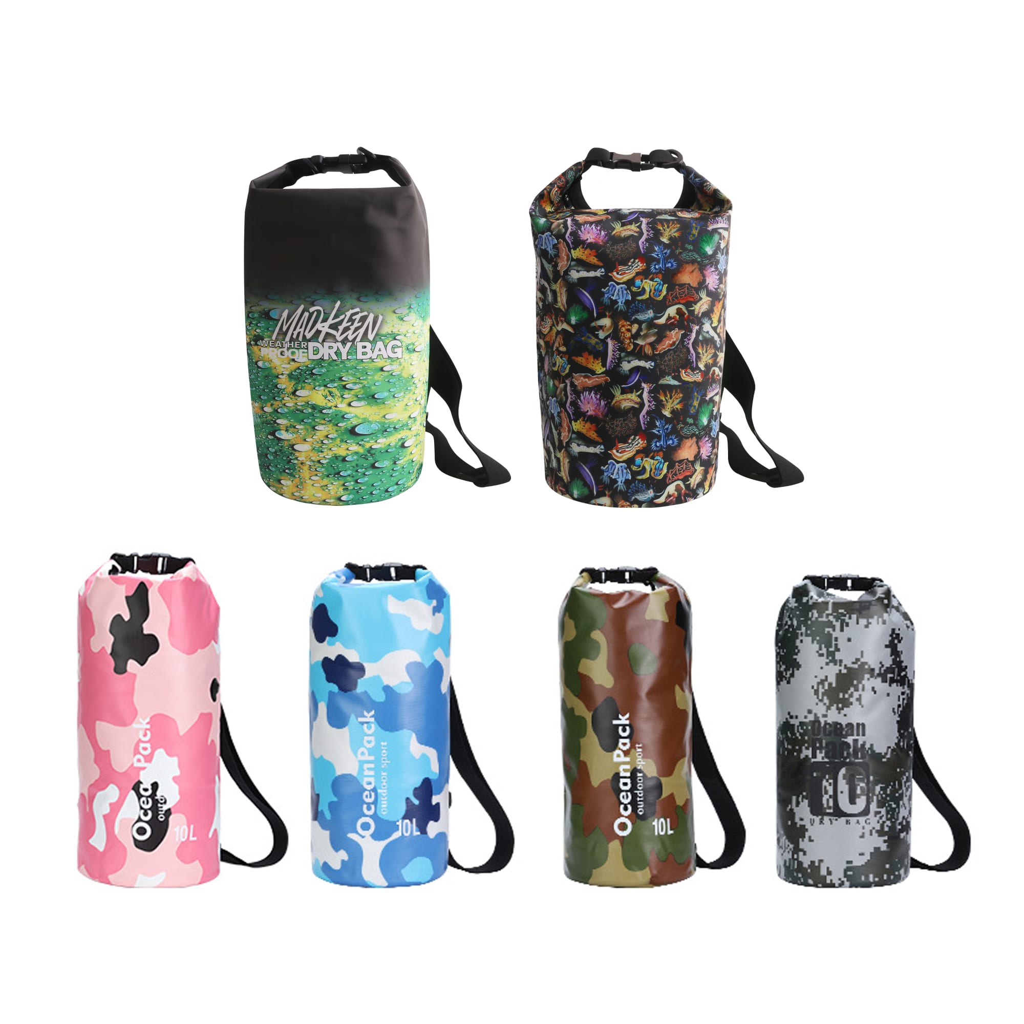 A collection of full colour dry bags in pink, blue, black, camouflage, and floral designs, each featuring a logo. Full Colour Dry Bag - Image 1