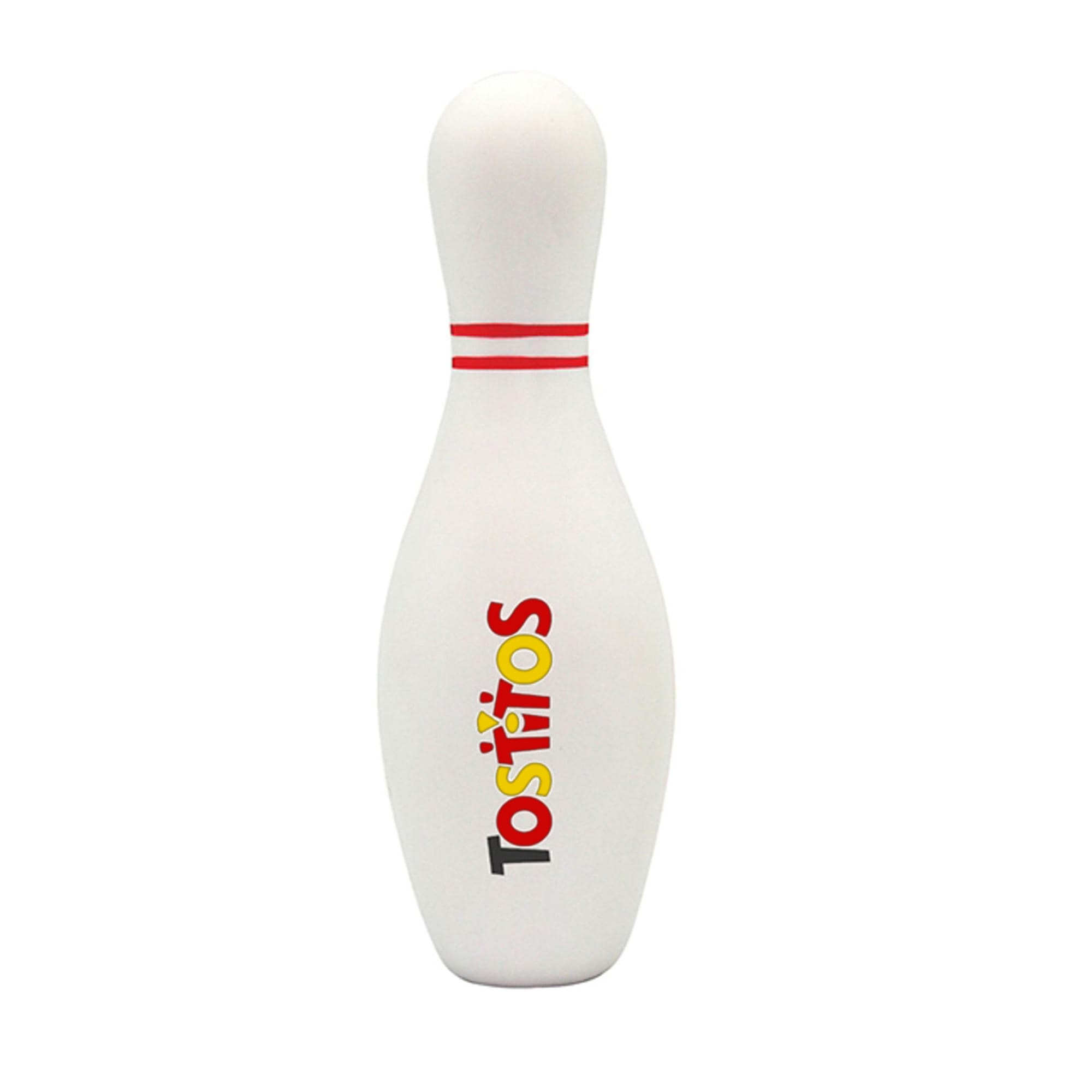 A bowling pin-shaped stress reliever in white with red stripes and a branded logo. Bowling Pin Shape Stress Reliever - Image 1