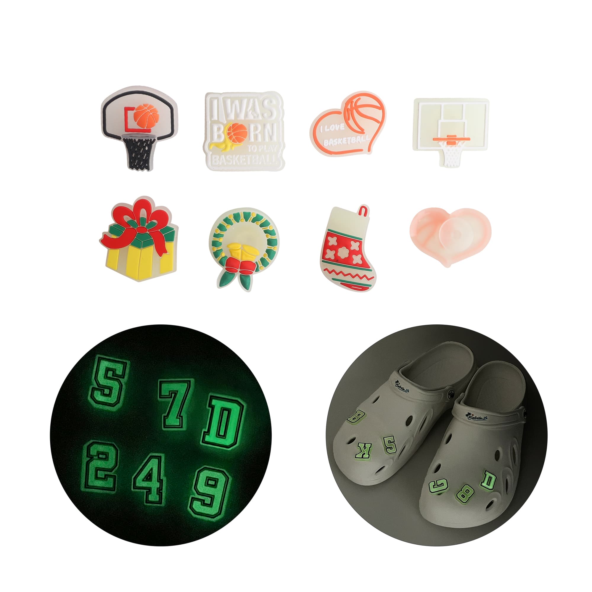 A variety of novelty shoe charms featuring basketball, gifts, and holiday themes, with glowing numbers and a pair of white clogs. Glowing Clog Shoe Charms - Image 1
