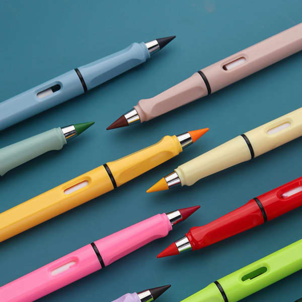 A collection of multi-coloured pencils with erasers, featuring pastel shades and a metallic accent. A collection of multi-coloured pencils with erasers, featuring pastel shades and a metallic accent.
