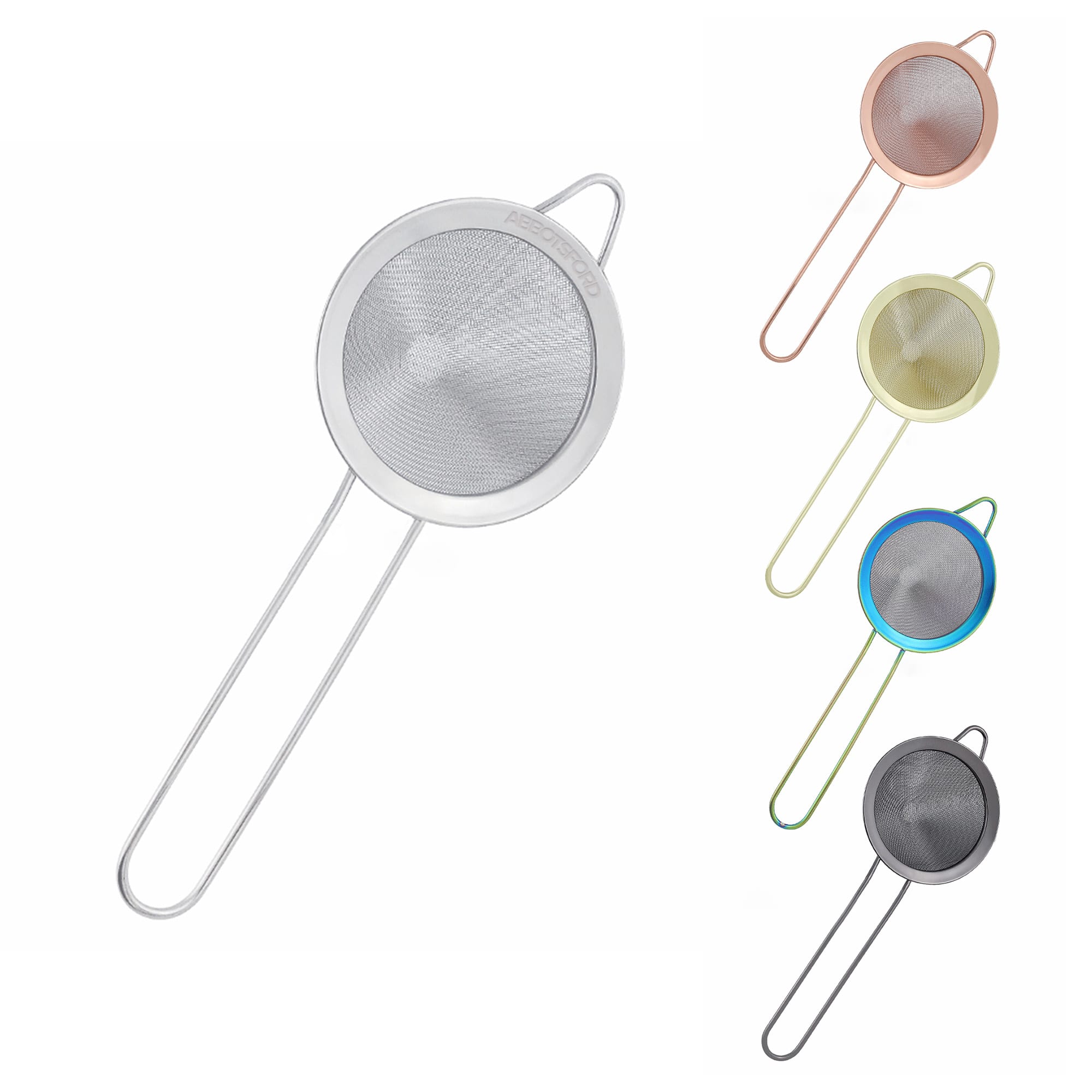 A bar mesh strainer with a silver body and multiple handle colours including blue, green, yellow, and rose gold. Bar Mesh Strainer - Image 1