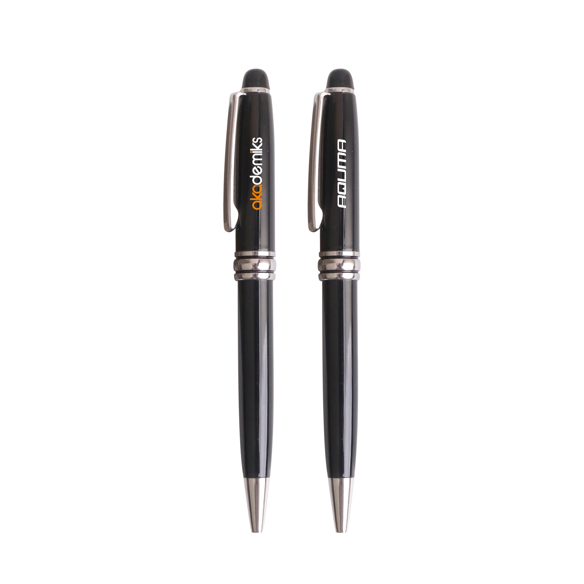 A set of two sleek black metal pens featuring silver accents and branding on the barrels. Deluxe Metal Pen - Image 1