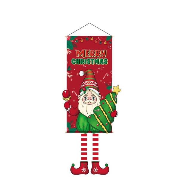 A personalised hanging Christmas flag featuring a Santa holding a decorated tree, set against a red background with festive decorations. A personalised hanging Christmas flag featuring a Santa holding a decorated tree, set against a red background with festive decorations.