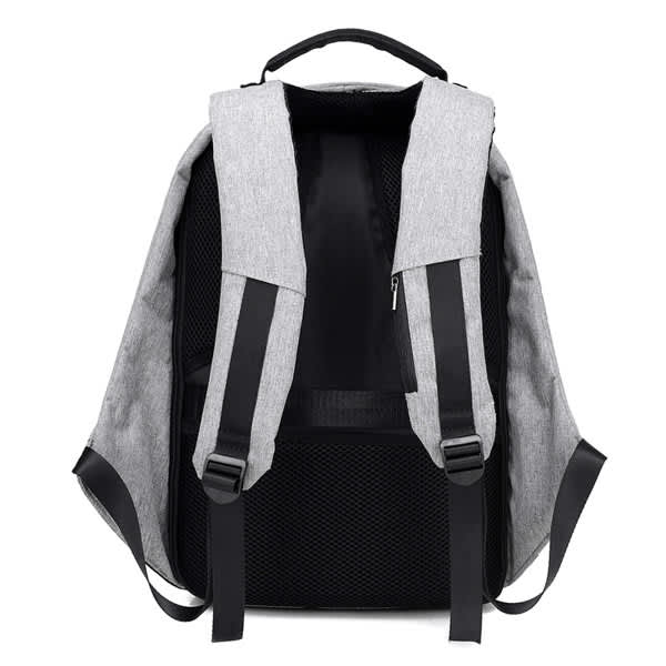A grey and black travel backpack with a USB charging port and padded shoulder straps. It features a branding logo. A grey and black travel backpack with a USB charging port and padded shoulder straps. It features a branding logo.
