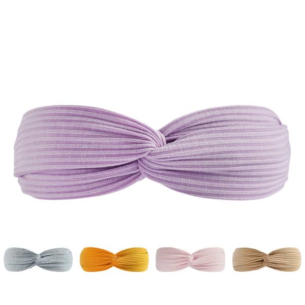 A custom knotted headband in lavender, with other colour options including grey, yellow, blush, and beige. Features branding. A custom knotted headband in lavender, with other colour options including grey, yellow, blush, and beige. Features branding.