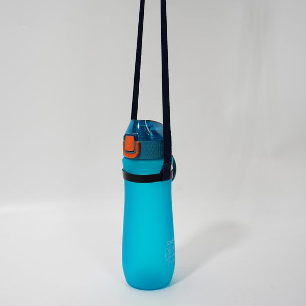 A drink bottle in vibrant blue with a teal lid and a black sling carrier attached. A drink bottle in vibrant blue with a teal lid and a black sling carrier attached.