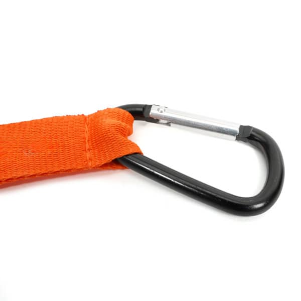 An orange lanyard with a black carabiner clip attached. The clip is metallic with a silver finish. An orange lanyard with a black carabiner clip attached. The clip is metallic with a silver finish.