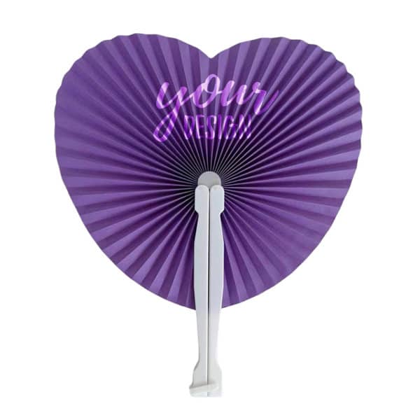 A purple heart-shaped foldable handheld paper fan with a white handle. It features a design that includes text. A purple heart-shaped foldable handheld paper fan with a white handle. It features a design that includes text.