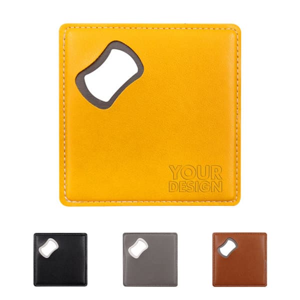 A drink bottle opener coaster featuring a yellow outer with a cut-out opener, alongside black, grey, and brown coasters. A drink bottle opener coaster featuring a yellow outer with a cut-out opener, alongside black, grey, and brown coasters.