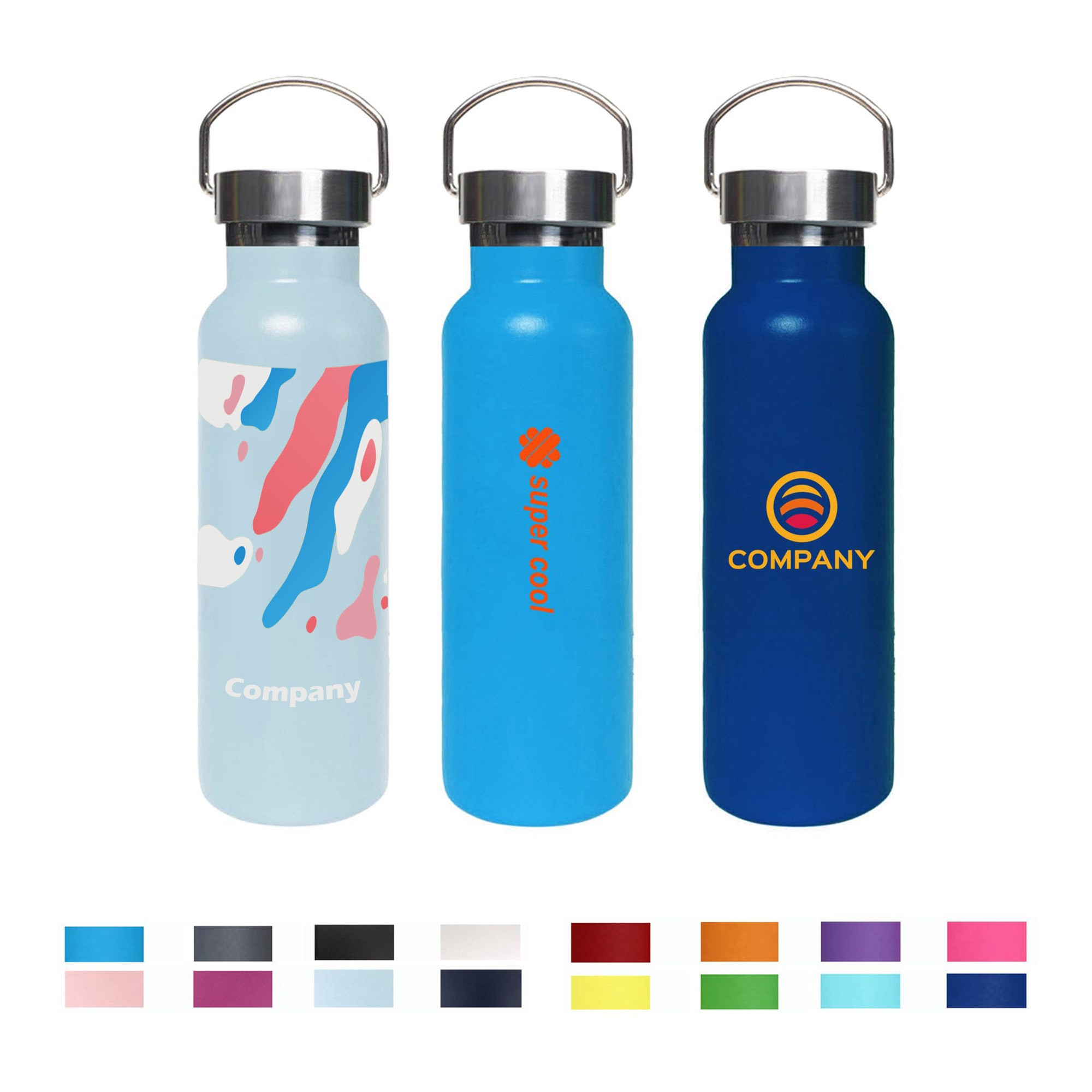 A drink bottle featuring a stainless steel lid, available in multiple colours, with various designs and a logo. 600ml Double Wall Vacuum Bottle with Stainless Steel Lid - Image 1